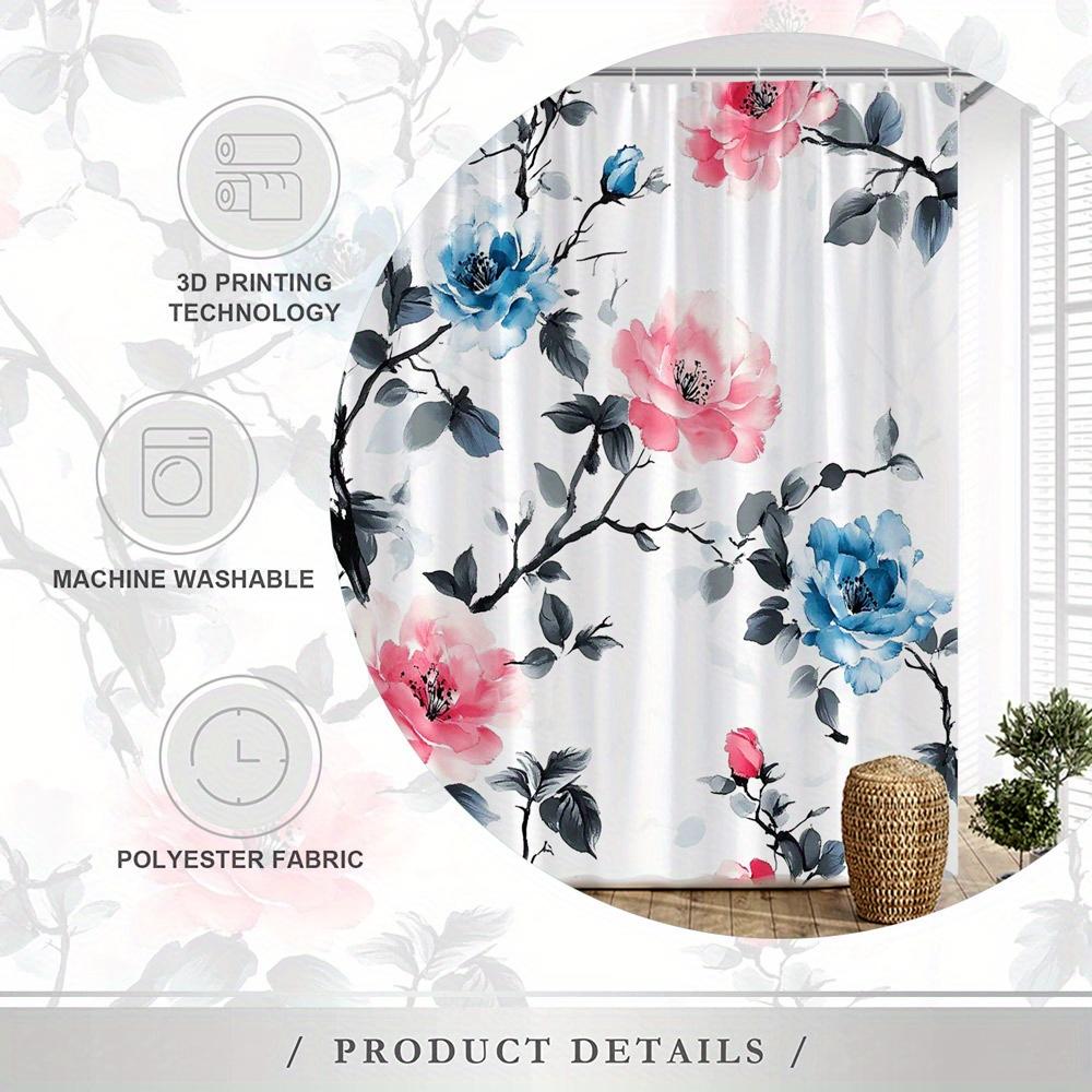 1pc Floral Watercolor Shower Curtain - Elegant Pink & Blue Blooms with Dark Branches, White Background, 70x70 Inches,