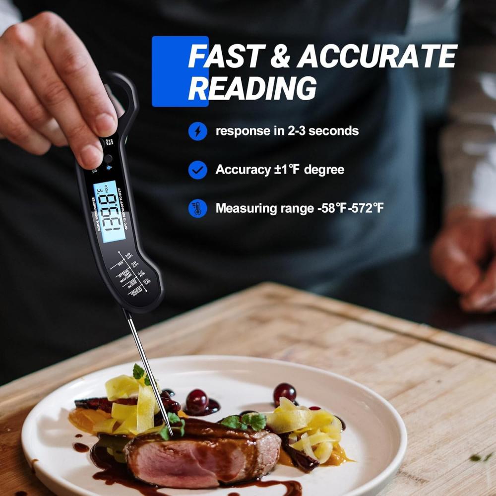 Digital Kötttermometer för Matlagning, Trådlös, Direktavläsning, Vattentät, Bakgrundsbelysning, Ultrasnabb Noggrann & 180° Vikbar Sond