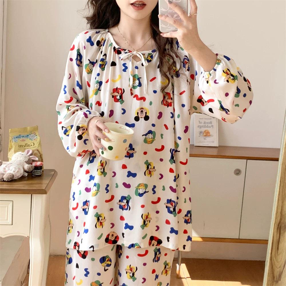Women's Cloud Cotton Pajamas - Round Neck, Long Sleeve and Pants, Cozy Cartoon Design for Spring and Fall, Suitable for Home or Outdoors