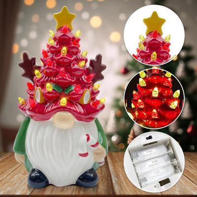 Lighted Christmas Gnome Tree Small Resin Faceless Old Man Christmas Tree Decoration for Holiday Home Office Room Tabletop Fireplace Decor