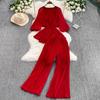 Spring Summer Women Pleated Two Piece Set Elegant V-Neck Draped Chiffon Blouse + High Waist Wide Leg Pants 2Pcs Suit Female New