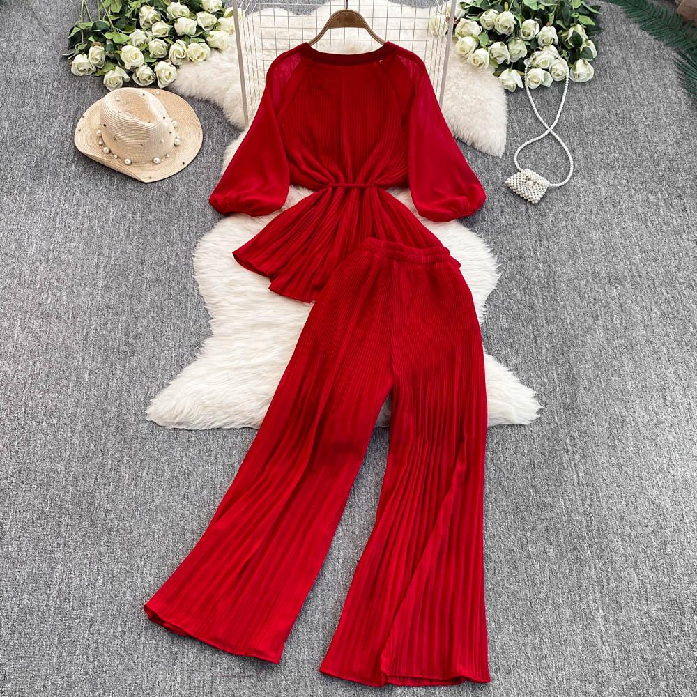 Spring Summer Women Pleated Two Piece Set Elegant V-Neck Draped Chiffon Blouse + High Waist Wide Leg Pants 2Pcs Suit Female New