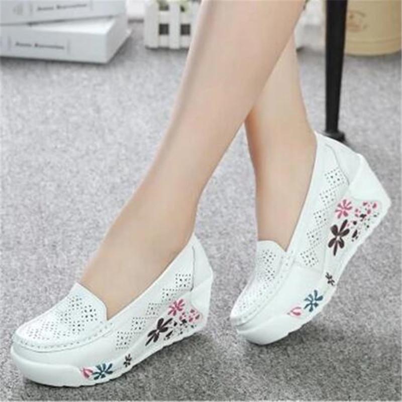Autumn Genuine Leather Women's Shoes Nurse Swing Work Single Shoes Wedges Women's Shoes Female Platform Sneakers