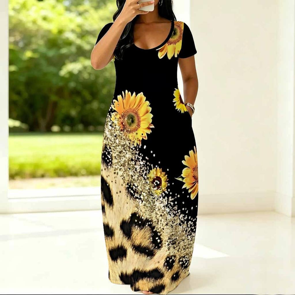 Plus Size Women Summer Dress Crew Neck Short Sleeve Loose Fit Apparel For Casual Home And Outdoor Walking