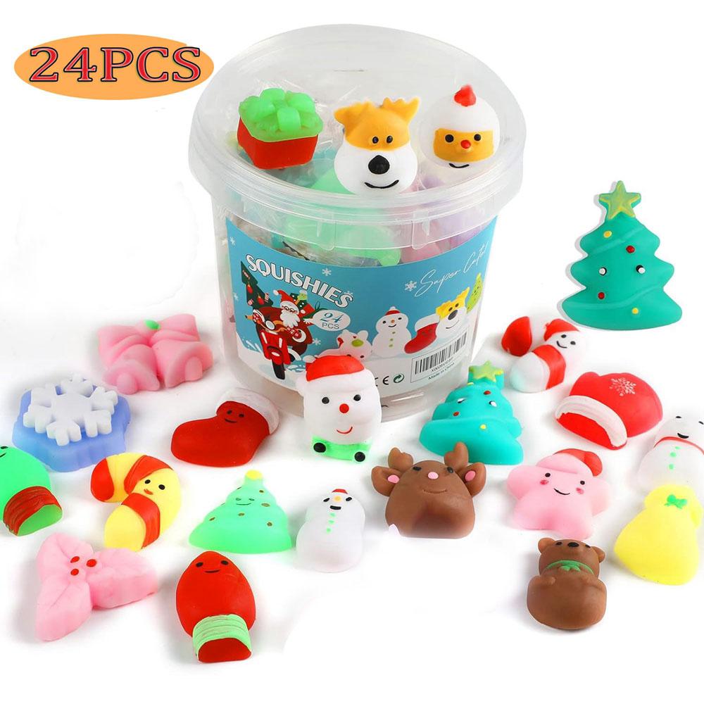 

Christmas 24PCS for Kids Adult Santa Claus Snowman Squishy Fidget Toys Mini Mochi Party Favors Tress Relief Toy with Storage Box