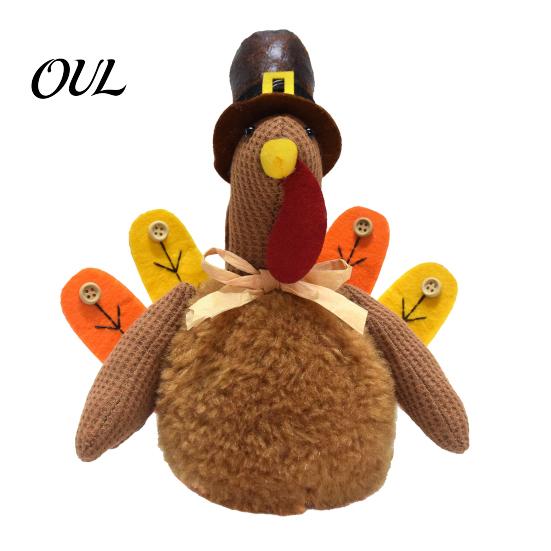 Plush Turkey Toy for Thanksgiving, Harvest Festival Fall Stuffed Decorative with Pilgrim Hat, Plushie Table Centerpiece Decoration Decor