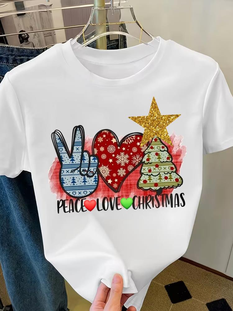 (Asian Size) Sweet Cute Merry Christmas Short Sleeve T-shirts Women's Top O-neck T Shirt Print Fashion Casual New Year Clothing Graphic Tee