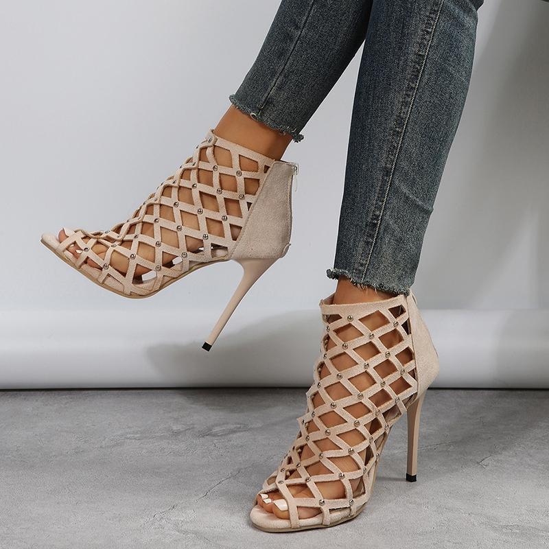 Sexy Fish Head High Heel Fine Heel Hollow Rivets Back Zipper Female Sandals Large Size Roman Women's Shoes