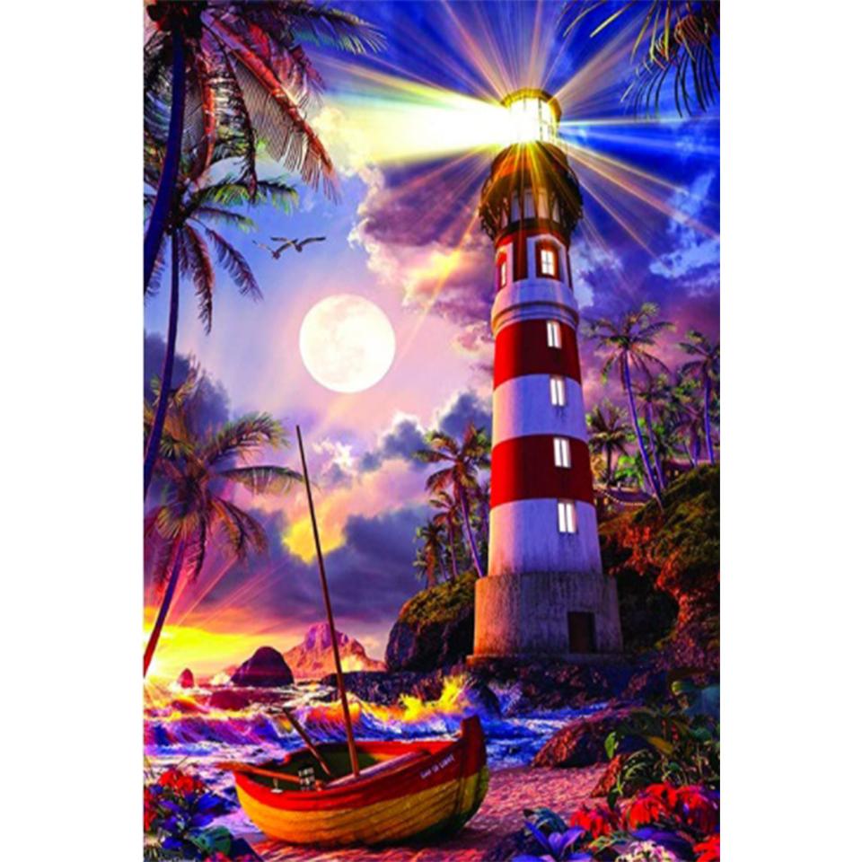 DIY 5D Lighthouse Landscape Diamond Painting Rhinestone Picture Full Round Full Diamond Embroidery Gift Mosaic Decoration Kit