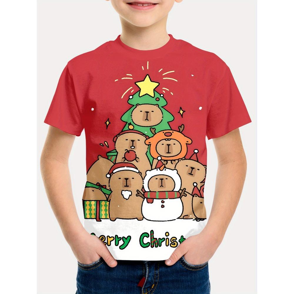 Cute Animals Printing Christmas T-Shirt Festive Short Sleeve Boys Girls Clothes Christmas Gift Child Top