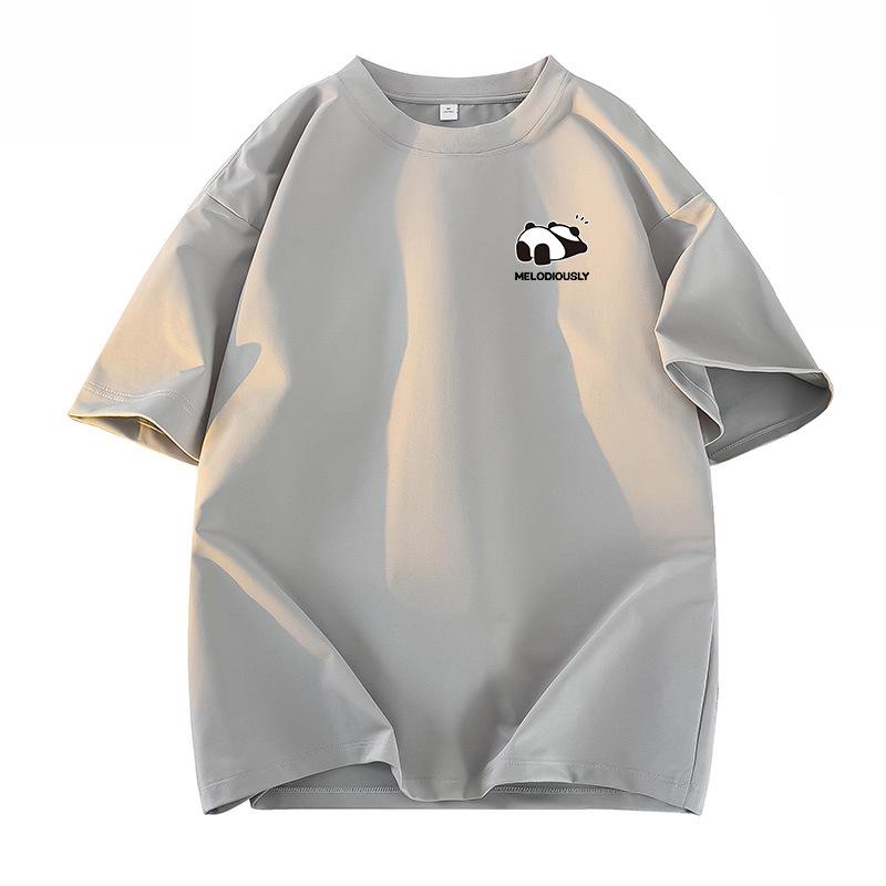 Sommerliches Baumwoll-T-Shirt mit lockerem Schnitt, Panda-Grafikdruck und Fünf-Minuten-Ärmeln
