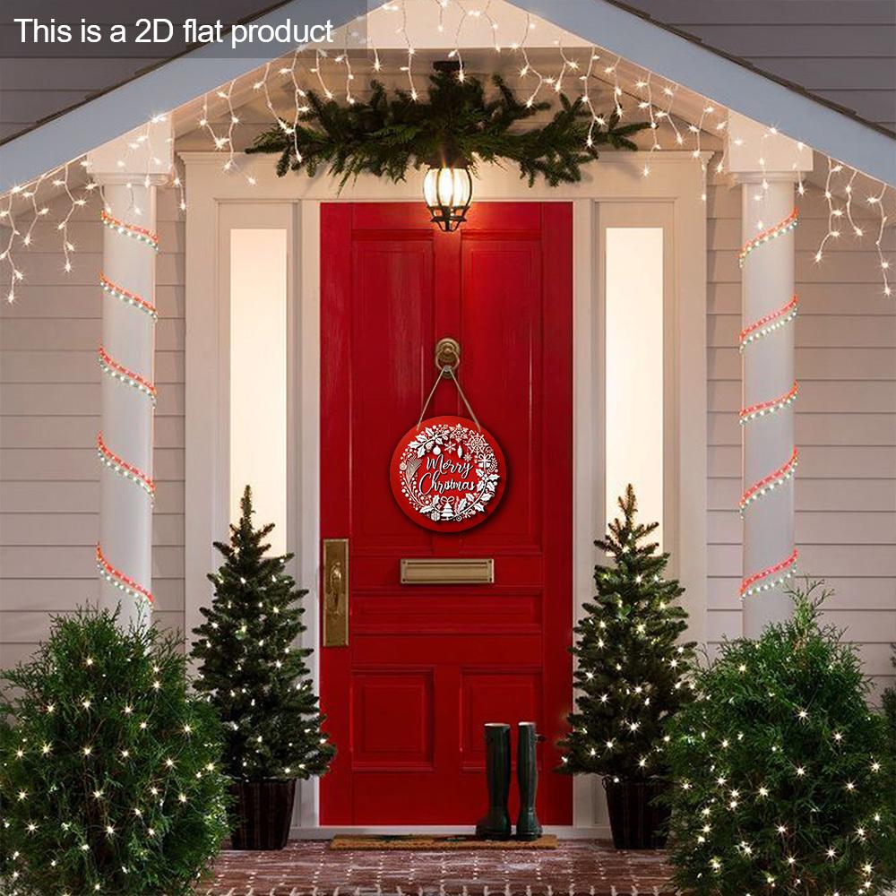 Semn de Crăciun din lemn, Semn rotund Merry Christmas pentru decor agățat pe perete sau ușă de intrare, Ornament ideal de Crăciun