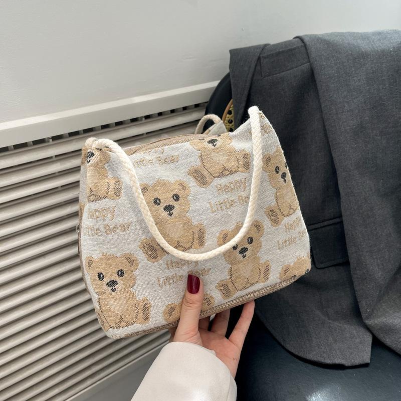 New bear canvas bag double-sided pattern large-capacity tote bag women's new shopping large-capacity zipper