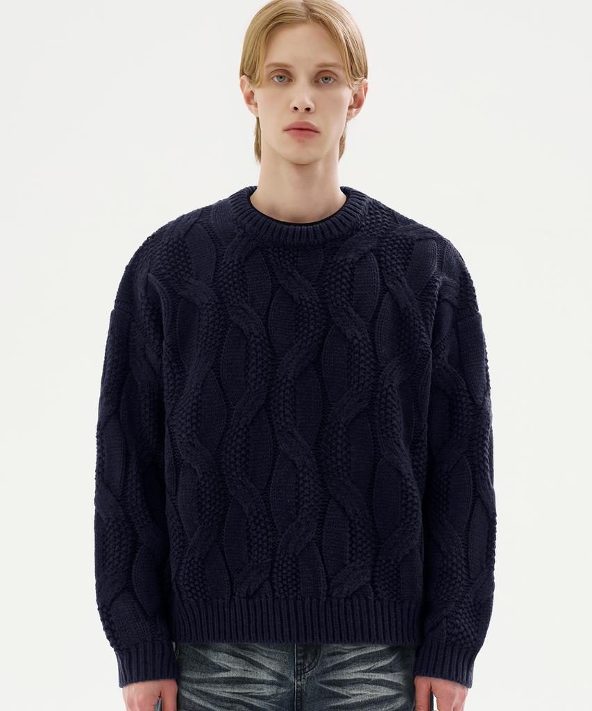 TRILLION Washable Big Cable Oversized Crew Neck Knit [Navy]