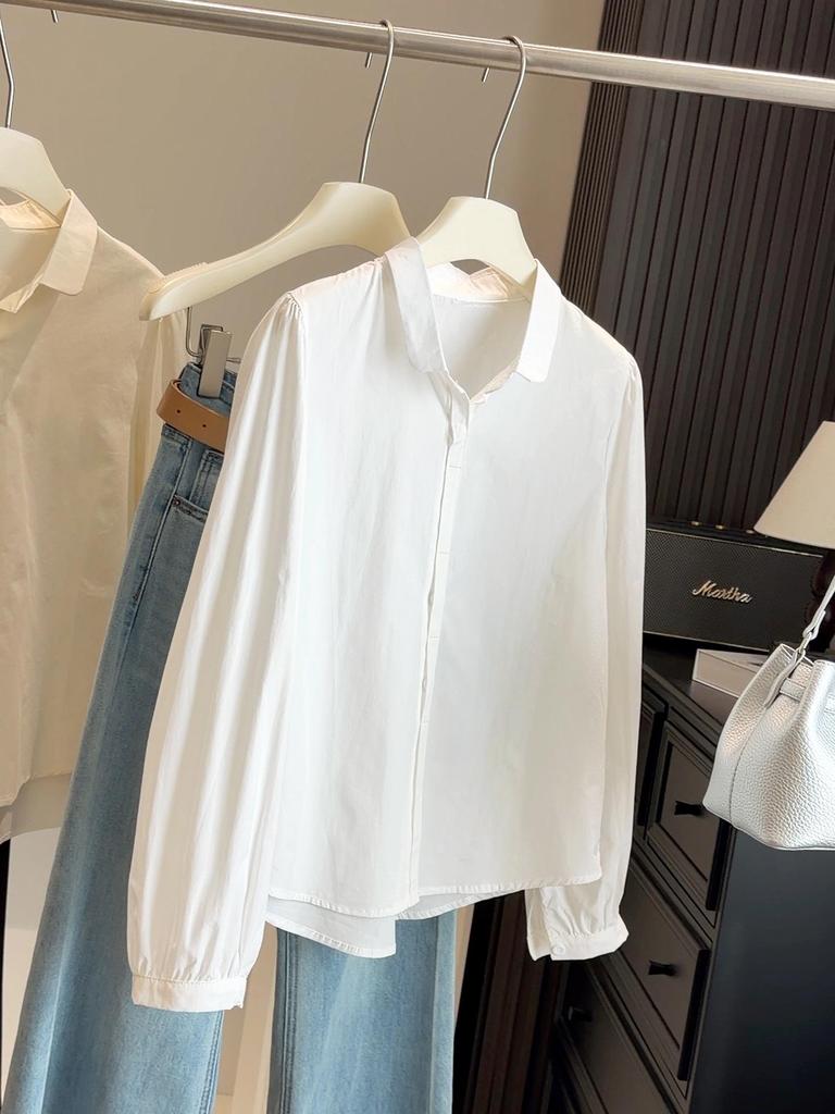 Women's Spring Slimming White Lapel Shirt - 2026 Trendy Korean Style Long Sleeve Versatile Top