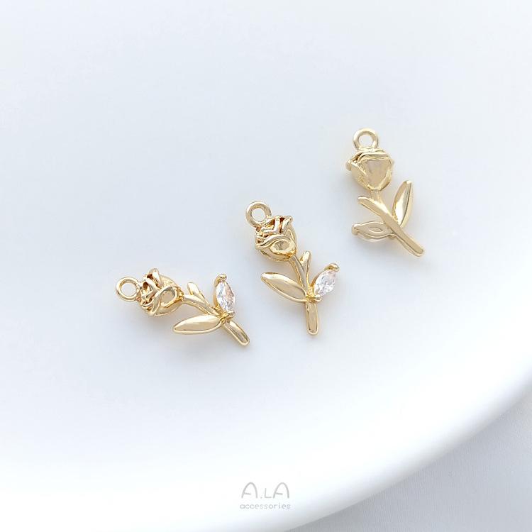 14K Gold-Filled Zircon Rose Pendant: Handmade Branch & Leaf Charm for DIY Jewelry