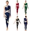 Tuta da Ginnastica Artistica da Donna Traspirante Patchwork in Rete Strass Spalle Asimmetriche Leggings Fondo Tuta Intera