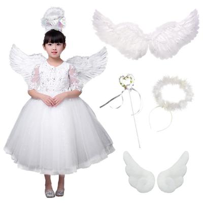 Joyasslly Angel Wings Cosplay Set for Kids, Angel Wings, Ring, Heart Cane, and Hair Ornament, 4-Piece Set, Cute Angel Costume Accessories for