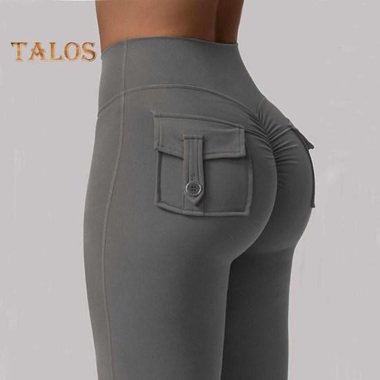 Women Yoga Pants Solid Color Slim Fit Flared Pants with Pockets Thin Elastic Cargo Style Sexy Ruched Long Pants