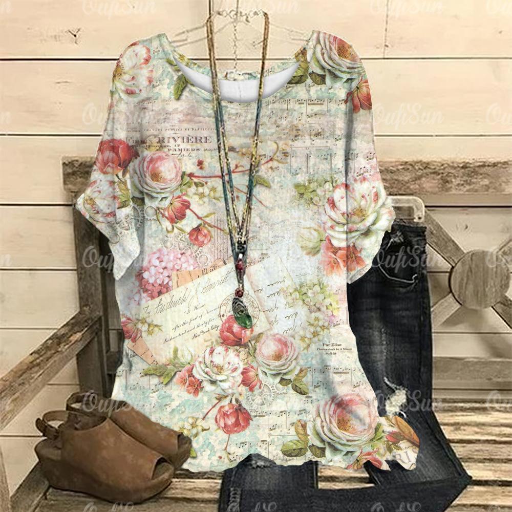 

Винтажная женская футболка с 3D-цветочным принтом, летняя рубашка с коротким рукавом и круглым вырезом, свободный женский топ, повседневный пуловер в стиле Харадзюку 8XL