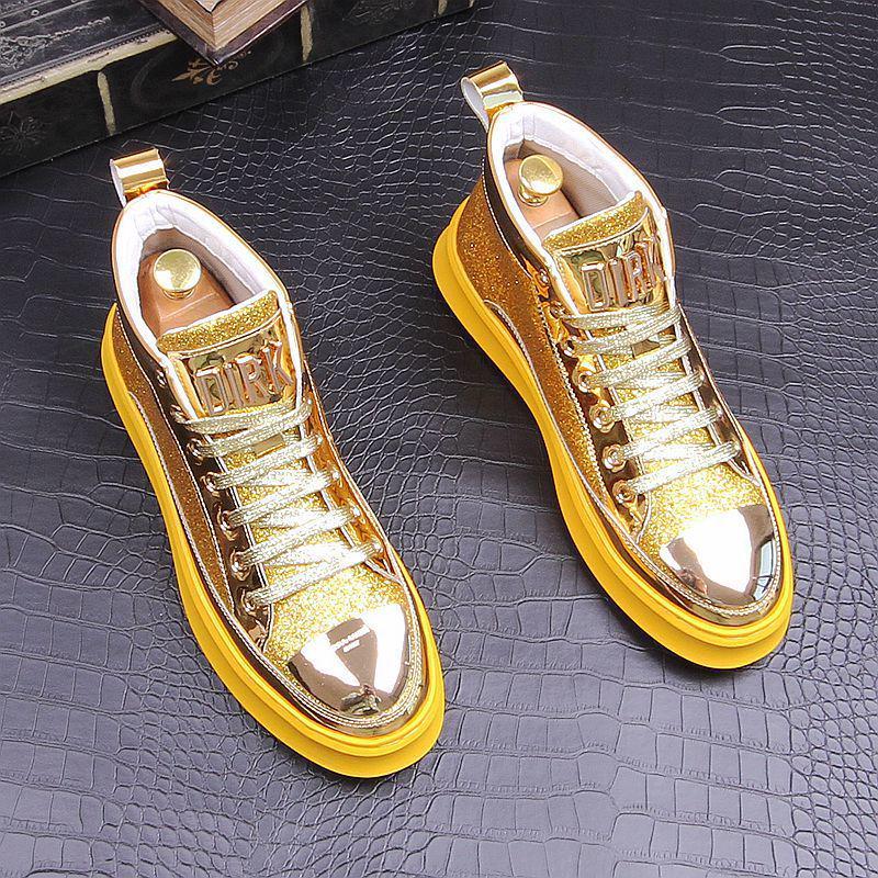Srebrne i Złote Męskie Modne Sneakersy High-Top - Modne, Dodające Wzrostu Buty Casualowe