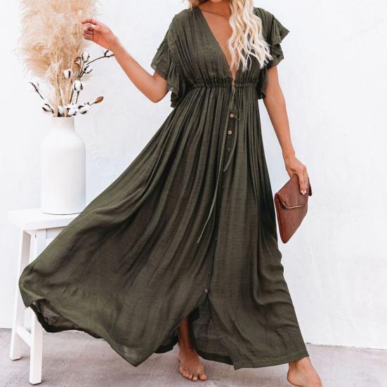 Badeanzug-Abdeckung, einfarbig, sexy, tiefes V-Ausschnitt, Rüschen-Bikinikleid