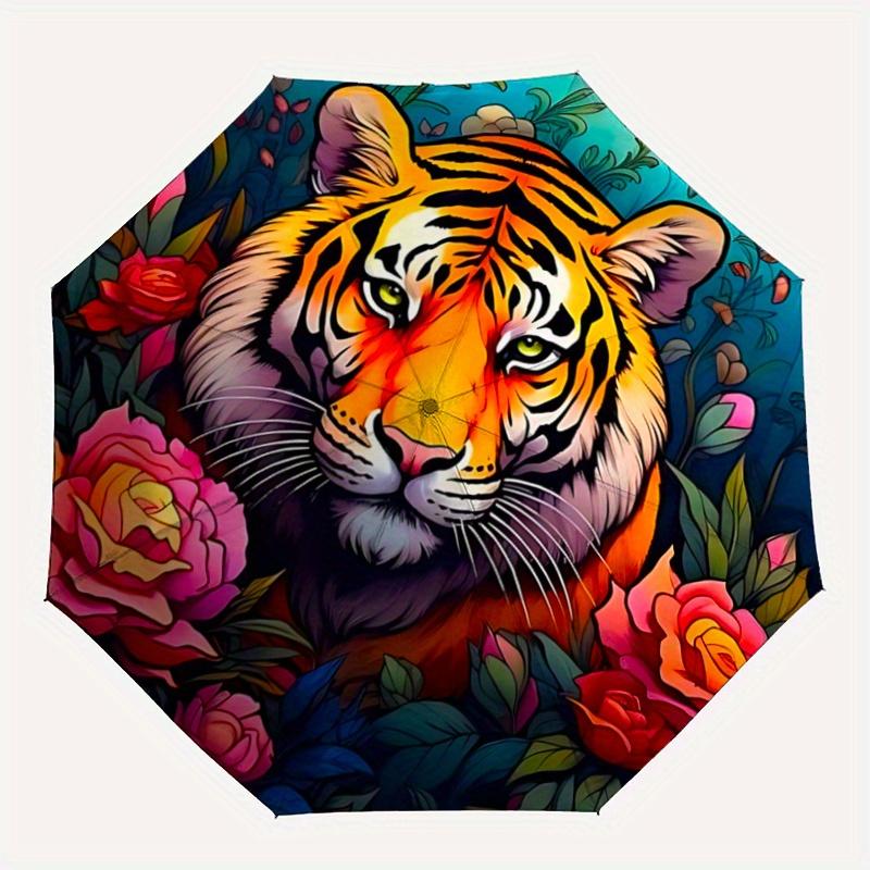 1pc Tiger Head & Flower Pattern Automatic Umbrella is Fashionable and Good-Looking, a Portable 3-Fold Umbrella, Suitable for Travel and Dail