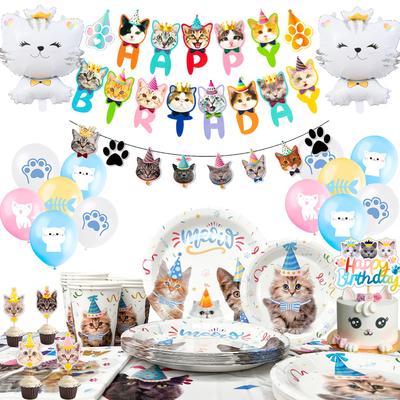 Cat Birthday Party Supplies,Cat Party Decorations&Cat Theme Tableware Set-Cat Party Plates Napkins Tablecloth&Cat Birthday Banner Balloons Etc