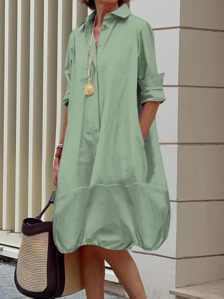 Yeezzi Damen Hemdkleid mit Kragen Frühling Sommer Langarm Locker Einfarbig Freizeit Ausgehen Büro Midi-Kleider
