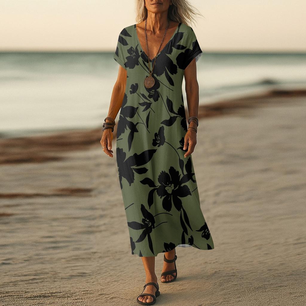 Summer Dress Women's Long Boho Beach Dress Elegant Maxi Dress V-Neck Short Sleeve Summer Tunic Dress Light Airy