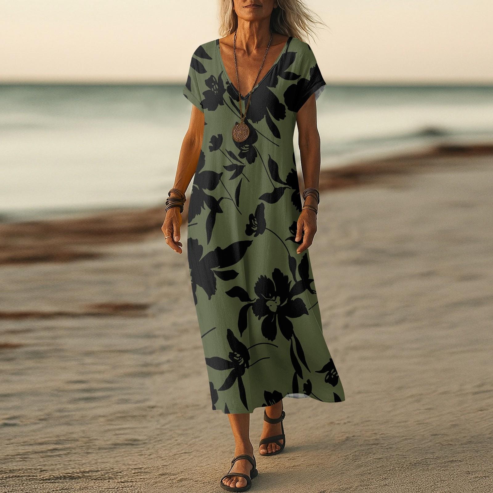 

Летнее платье Женское длинное платье бохо для пляжа Элегантное платье макси V-образный вырез Короткий рукав Летнее платье-туника Легкое воздушное M зелёный