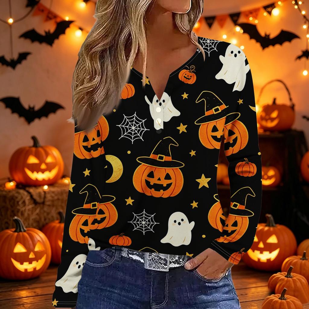 Women’s Casual Halloween Printed V Neck Decorative Button Long Sleeve T Shirt Top with Pumpkin and Candy Pattern