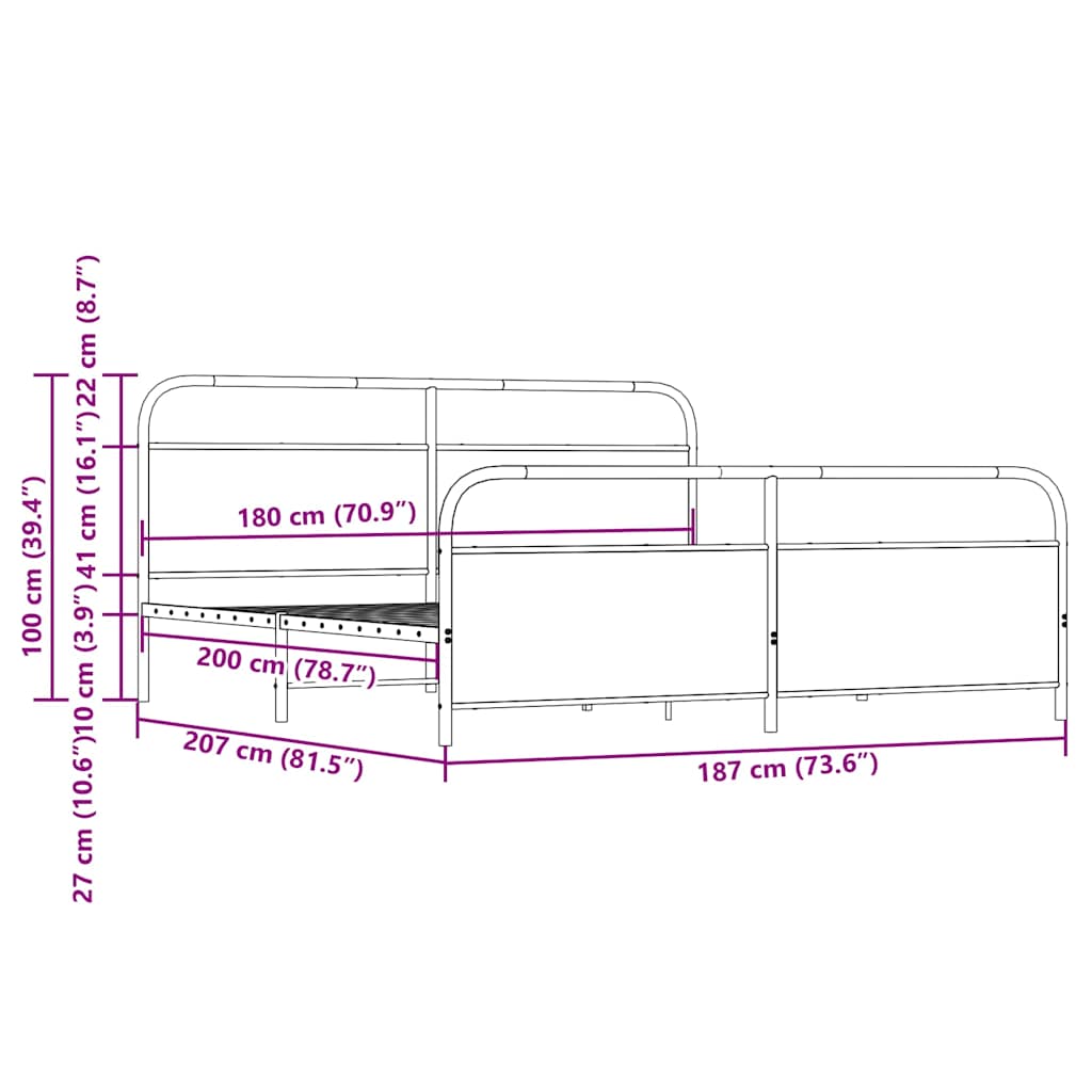 Metal Bed Frame without Mattress Smoked Oak Finish 180 x 200 cm