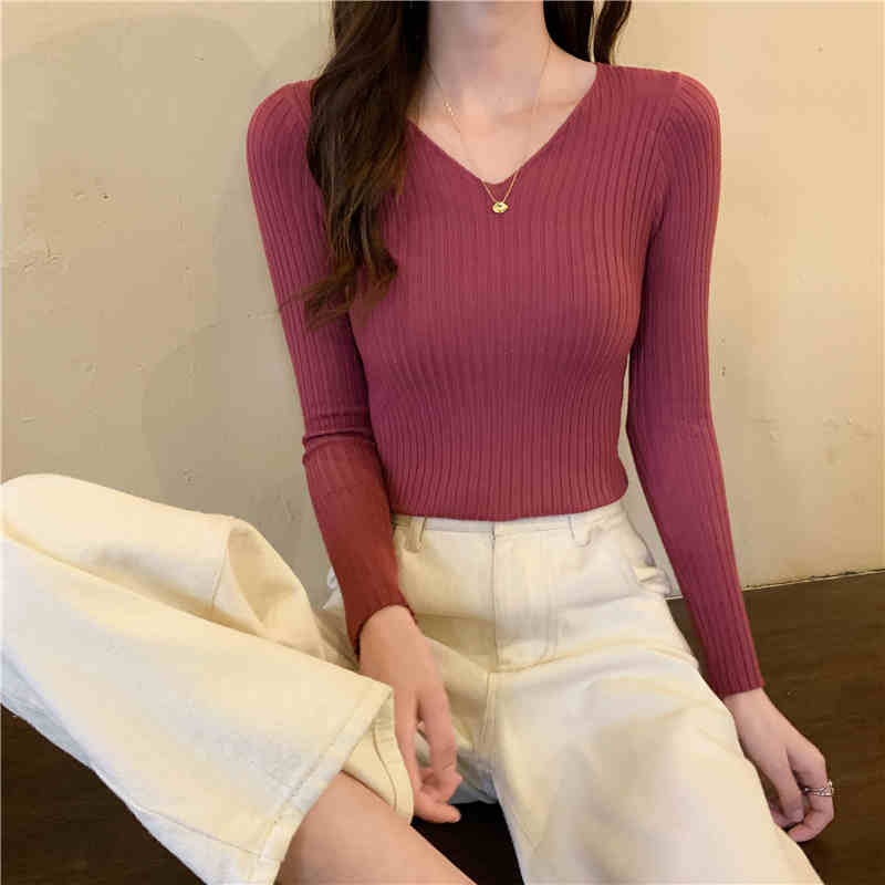 Autumn and Winter New Slim Fit V-neck Pullovers Sweaters Women Long Sleeve Base Knitted Sweater for Women Fashion Solid Casual Knitwear Jumpers 25671