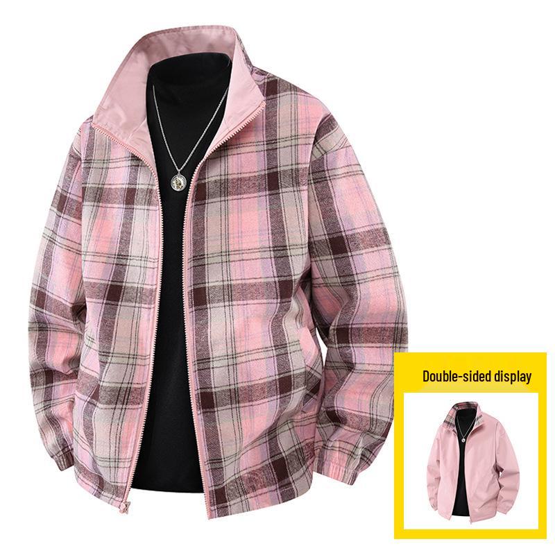 Men s Windproof Plaid Double-Sided Baseball Jacket - Autumn/Winter Style L розовый