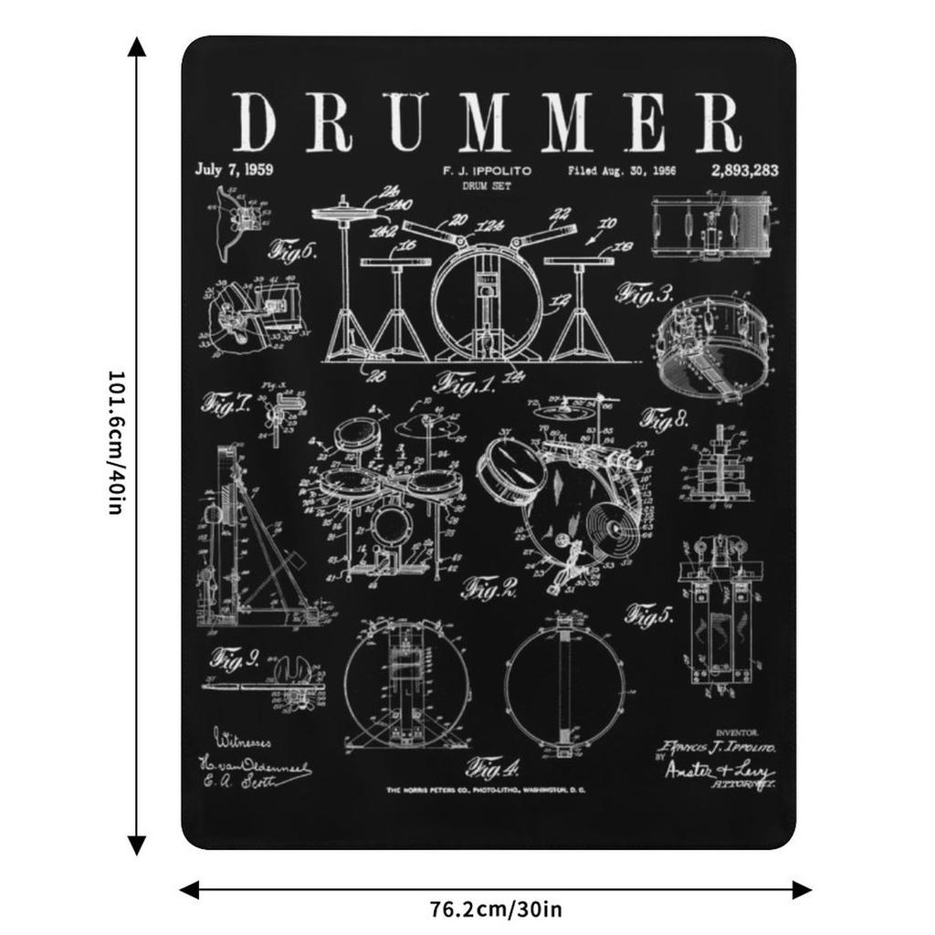Drum Set Kit Vintage Patent Drummer Drawing Print Throw Blanket Men's Soft Warm Throw Blanket for Couch