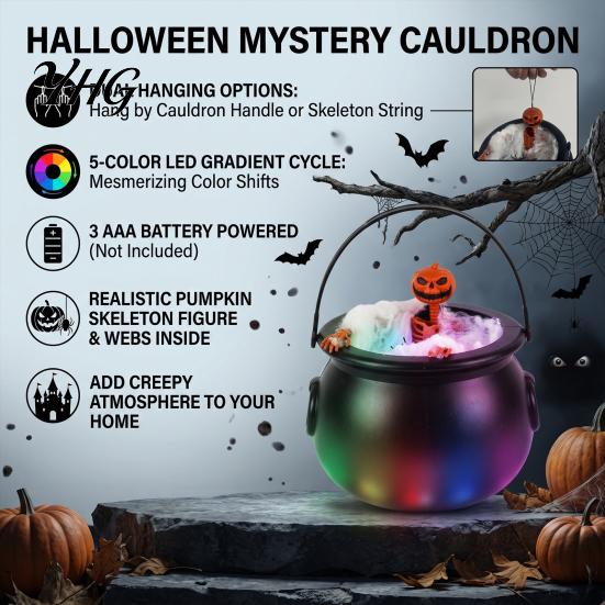 Plastic Witch Pot Decoration Halloween Cauldron Light, Color Changing Glowing Pumpkin Skull Hanging Lighted Decor Decor, Spooky Yard Prop for