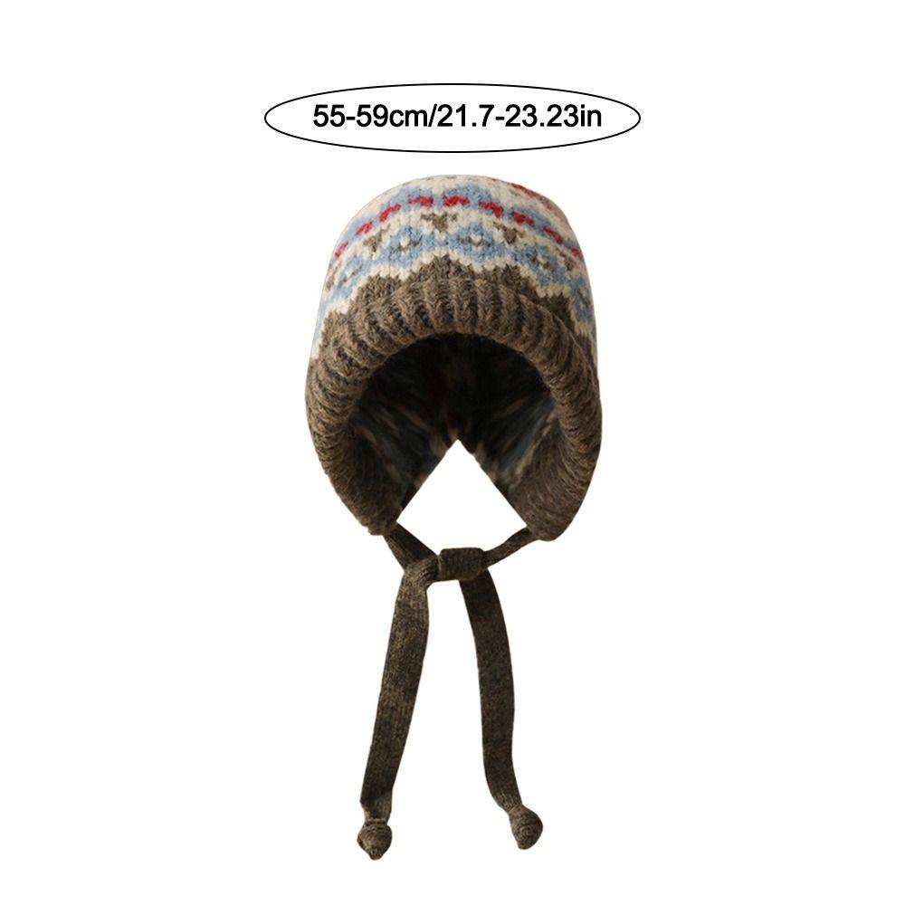 Wind-Resistant Pullover Bonnets With Strap Earmuffs Pile Cap Fashion Jacquard Knitting Hat