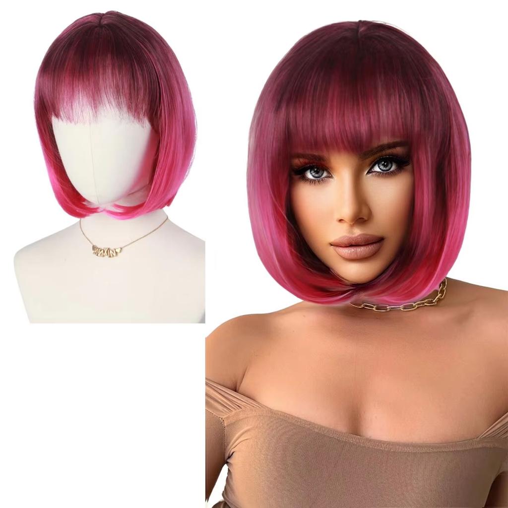 Fashion Personality Red Rose Bobo Head Short Hair Wig High Quality Synthetic Short Hair Wig Women's Wig