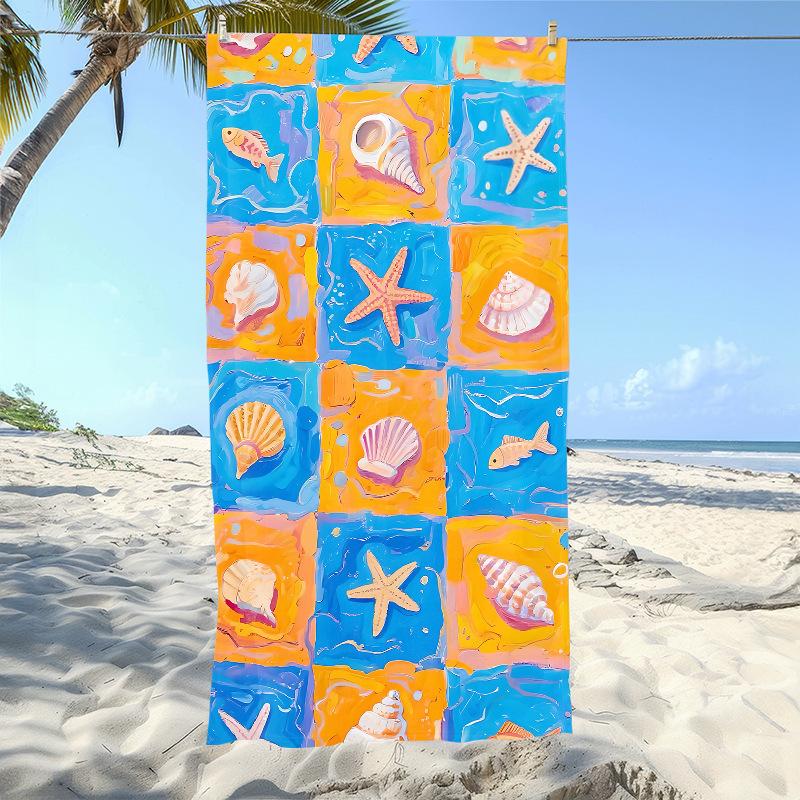 Cute Teal Turtle Towel, Starfish & Seashell Print Absorbent Summer Vacation Towel