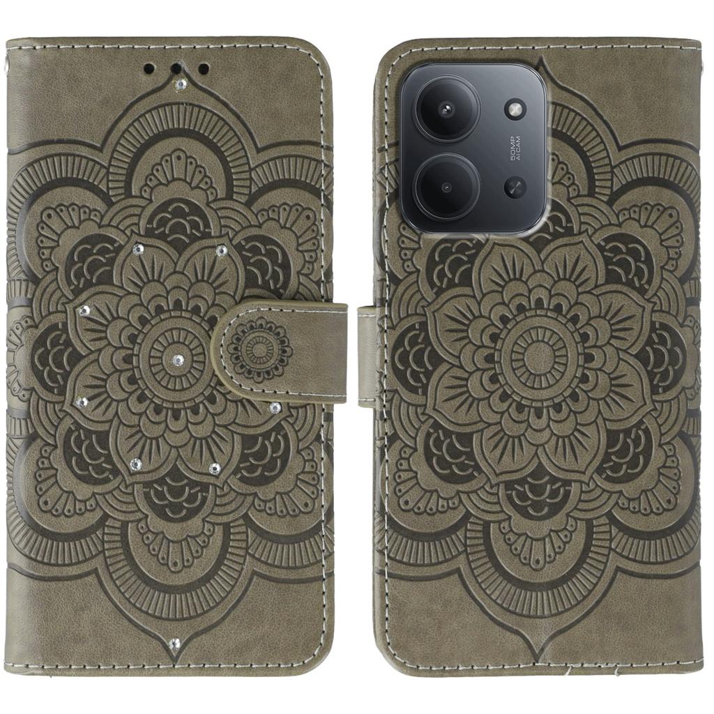 For Xiaomi Redmi 15C 5G (EU) (173mm)/15C 4G (EU) (173mm) Case Rhinestone Decor PU Leather Mandala Imprint Phone Cover with Wrist Strap