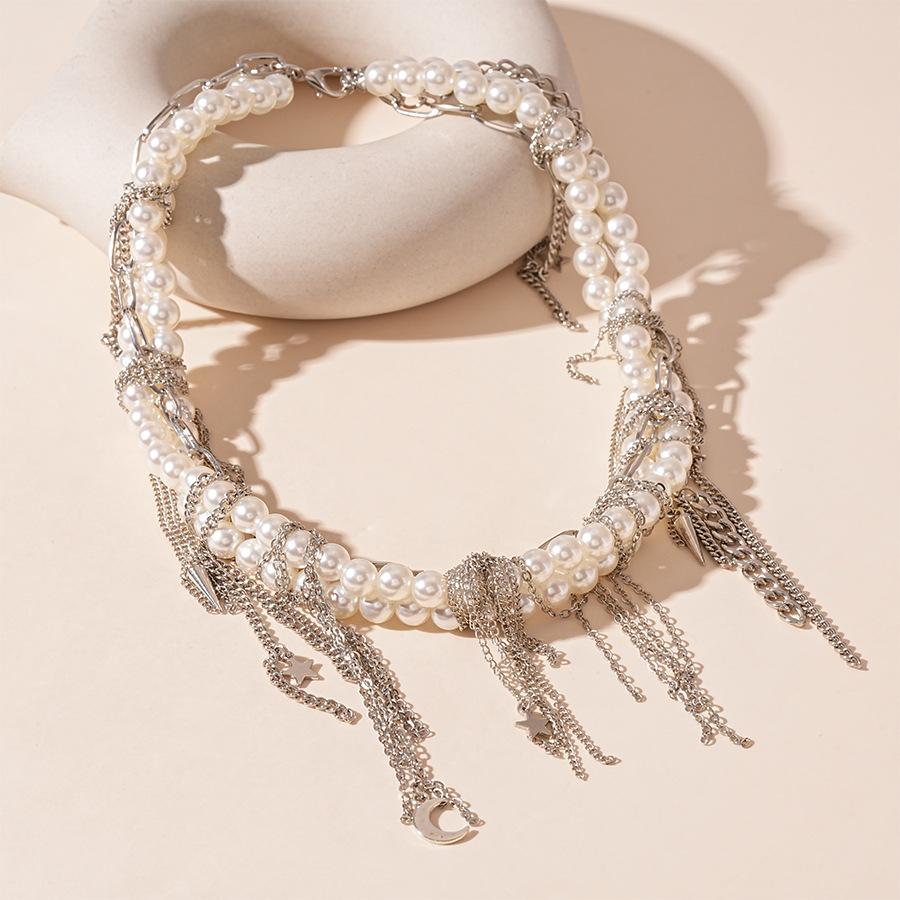Personalized moon star chain tassel multi-layer imitation pearl necklace exaggerated temperament necklace