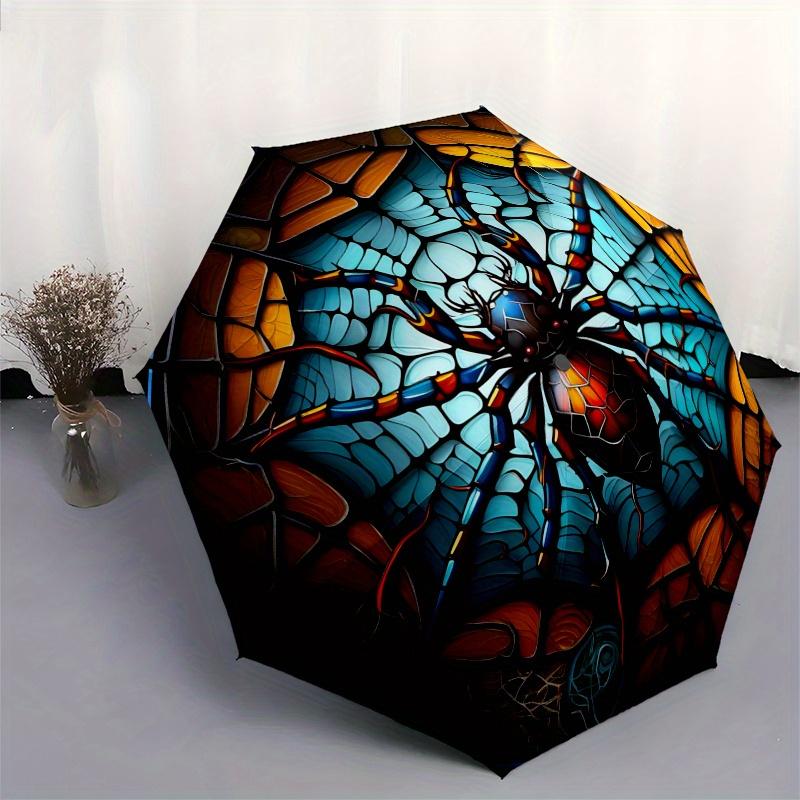 Stained Glass Spider Wall Art Decor, Unique Home Decoration Piece Umbrella, Cute Umbrella with Cute Design, Portable 3-Fold Compact Umbrella for Men &