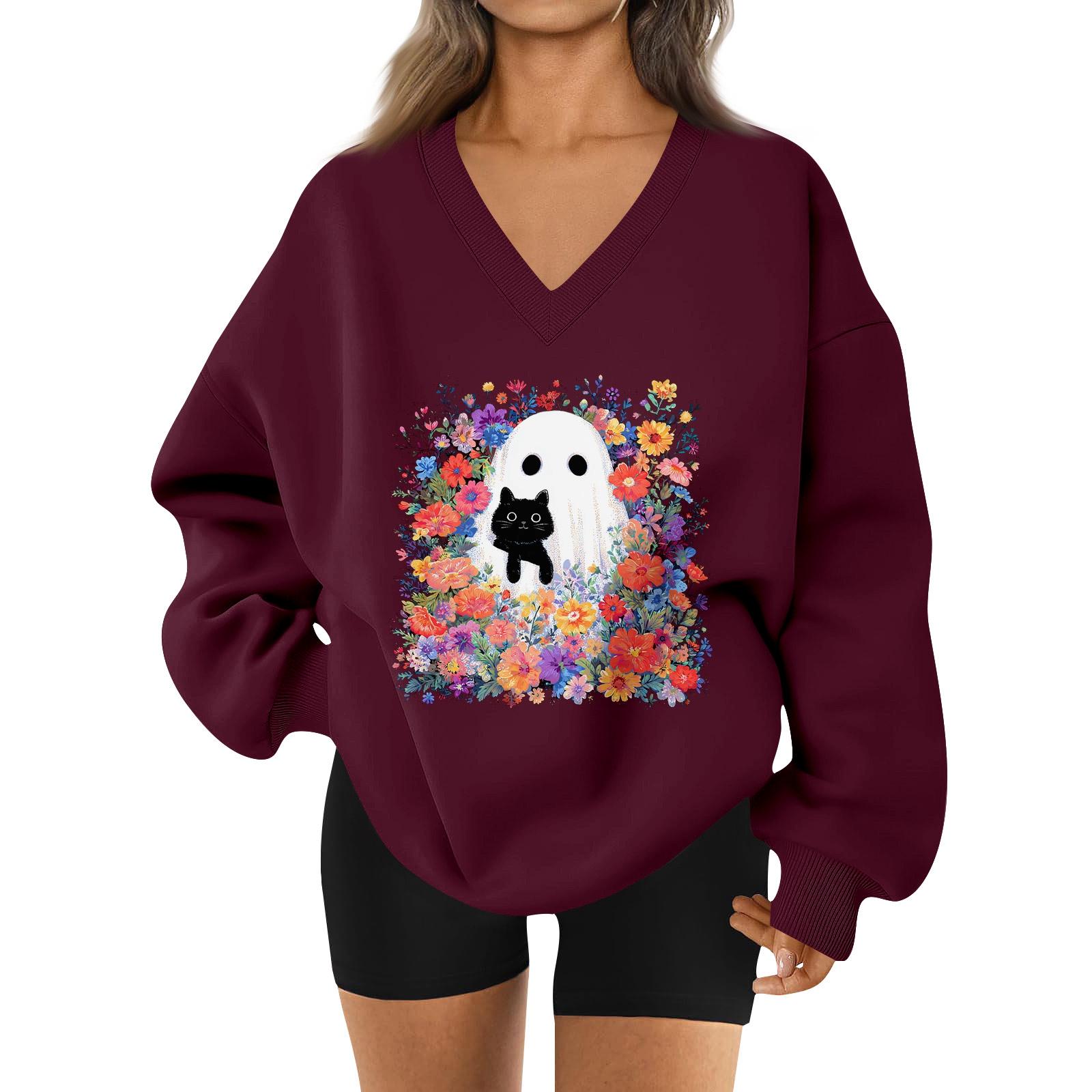 

Женский спортивный свитшот с V-образным вырезом, приспущенным плечом и принтом на Хэллоуин XL винный