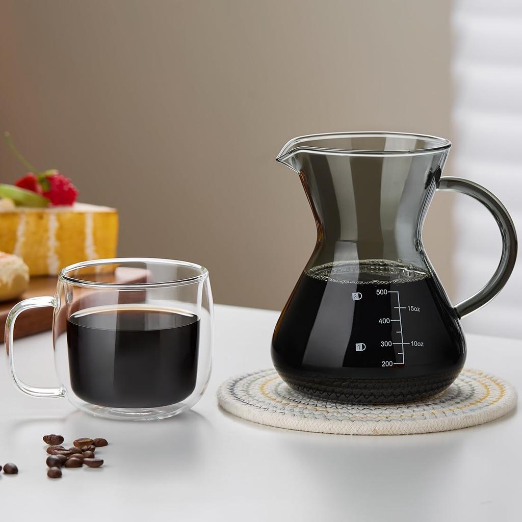 POKALOTEA Drip Coffee Server, Ink Black, 500ml, No Paper Coffee Filter Required, Reusable Stainless Steel Filter, Double-Layer Mesh, Microwave Safe,