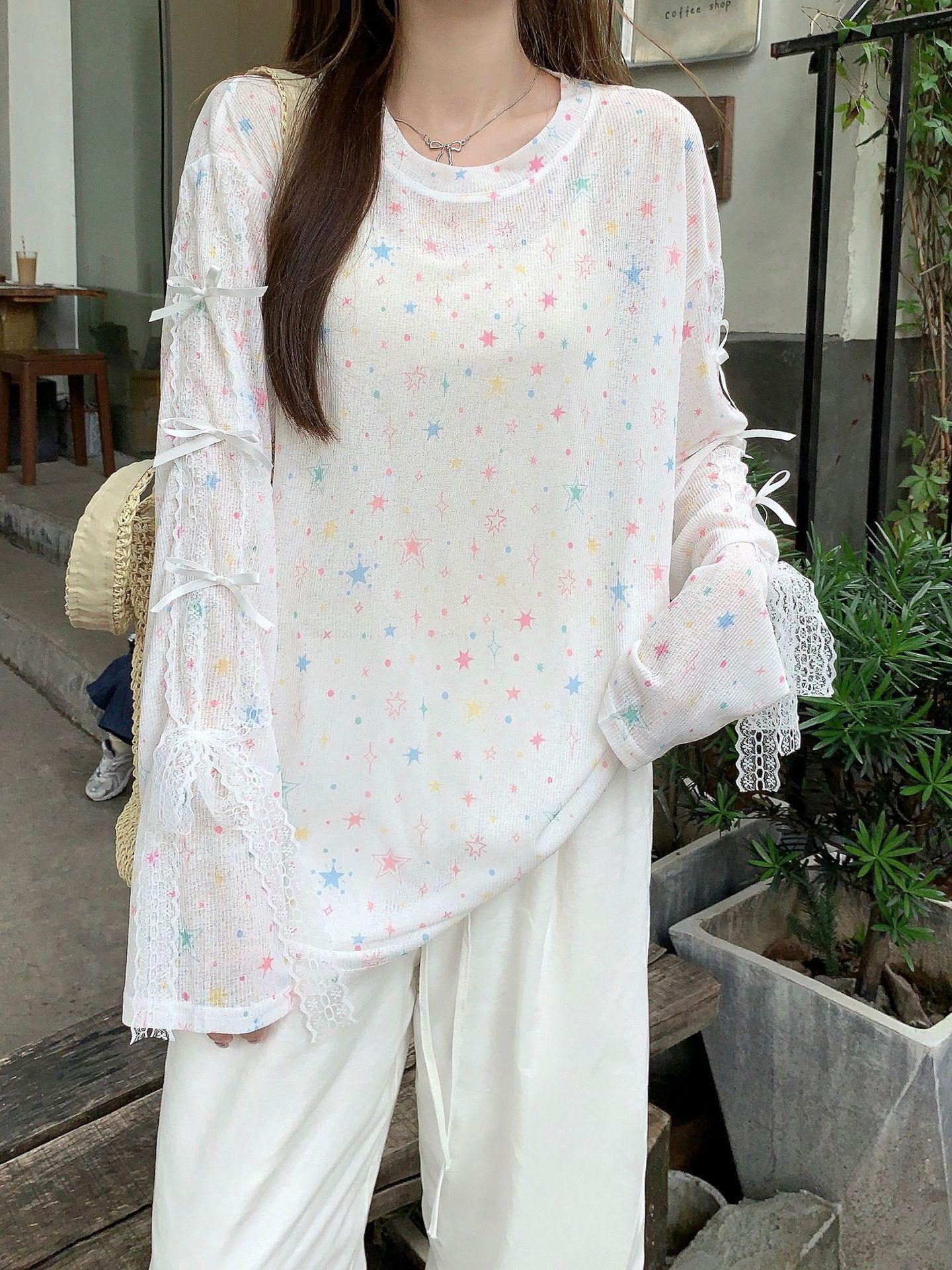 

2025 Summer Retro Print Round Neck Long Sleeve Sun Protection Loose Fit Shirt Medium