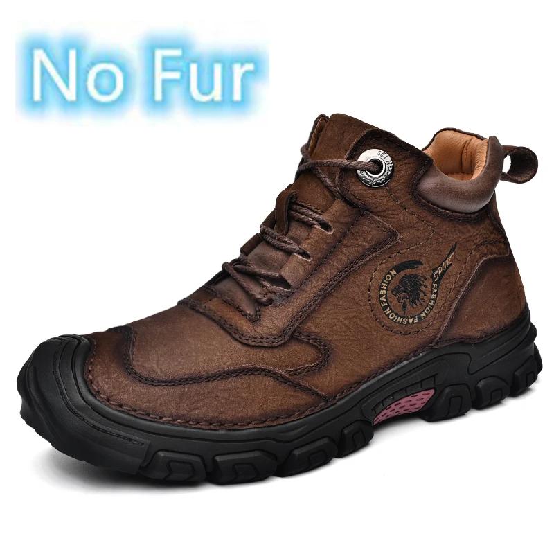 Fashion Hiking Men Boots New Leather Outdoor Walking Boots Man Non-Slip Retro Man Casual Boots Winter Warm Comfy Leather Men's Shoes
