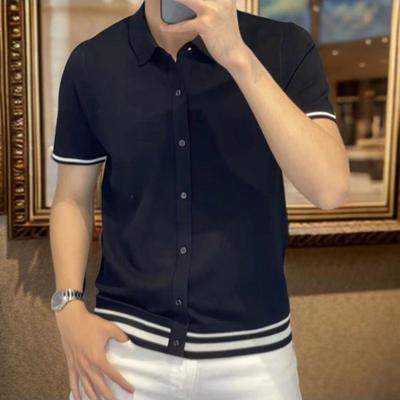 Men Shirt Lapel Short Sleeve Buttons Placket Shirt Tops with Stripes Trim Breathable
