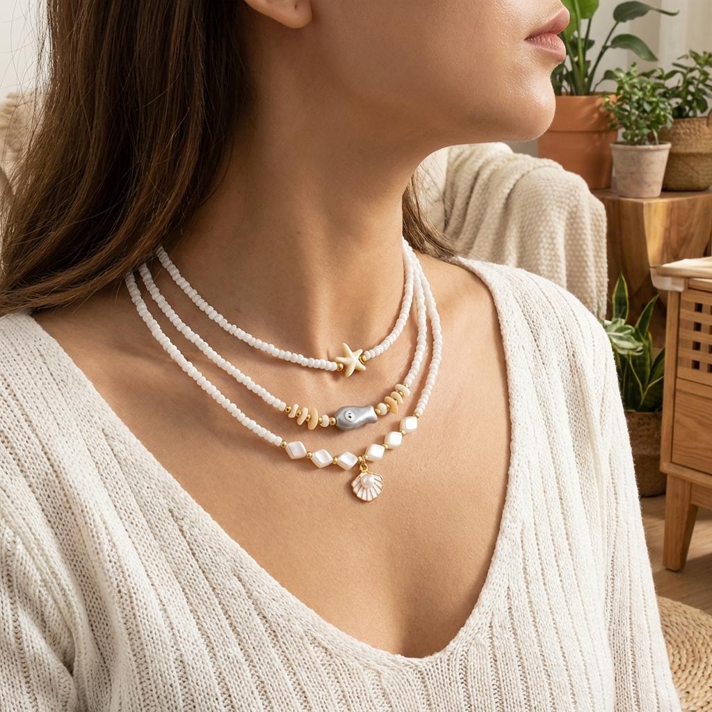 Mermaidcore Mermaid Tail Starfish Heishi Beads Pendant Necklace for Women Boho Shell Conch Clavicle Chain Beach Jewelry Gift