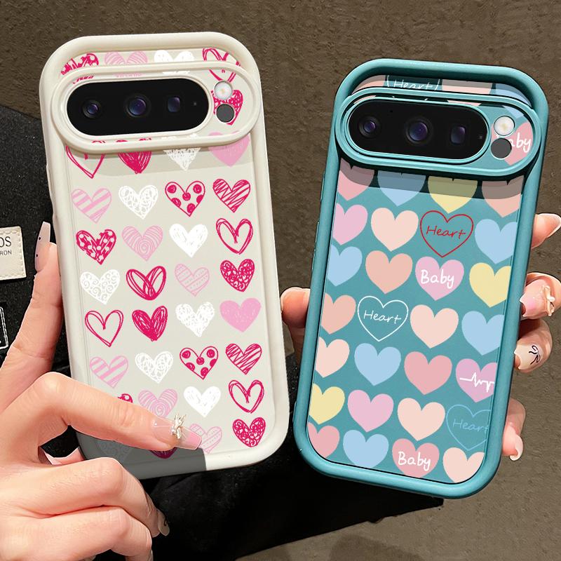 Roztomilý barevný vzor srdíček Matný TPU kryt Pro Google Pixel 9 Pro XL 8 Pro 8A Srdíčka Nárazuvzdorný Ochrana čočky Měkký kryt na telefon